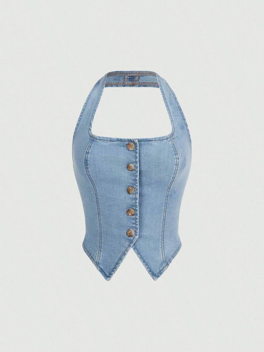 Top en mezclilla con botón delantero de cuello halter - Lavado ligero - Ver 1