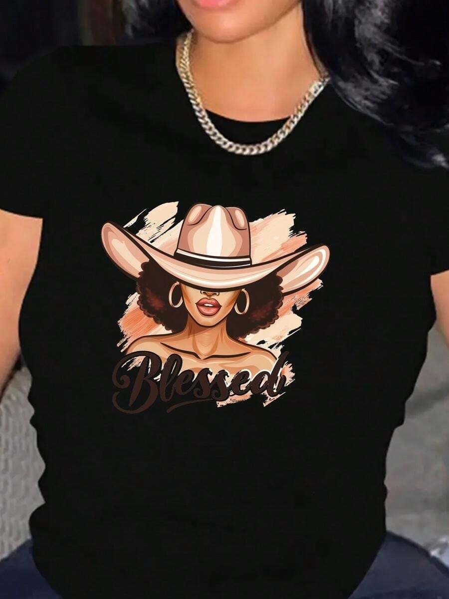 1 Piece, Classic And Versatile Pure Cotton Short-Sleeved T-Shirt, Suitable For Wearing In Any Season, With A Stylish And Modern African Flair For Women - Black - View 1