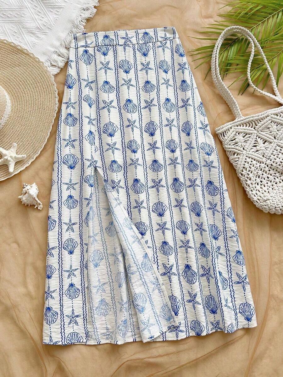 Falda casual con abertura de estilo floral diminuto para vacaciones de mujer - amarillo ganso - Ver 1