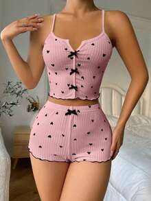 pijama / Pijama con estampado de corazón, ribete contrastante y lazo delantero - Rosa 3 - Ver 3