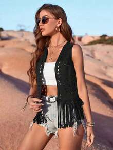 Chaqueta de mezclilla para mujer para festivales, conciertos de música country, vacaciones, estilo casual y sexy bohemio, chaleco ligero de gamuza con flecos para el verano - Negro - Ver 6