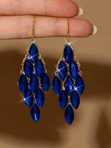 1 par de hermosos aretes de hoja con brillantes de strass para mujer, aretes elegantes y de moda para fiestas, adecuados como regalo - Oro y azul - Ver 4