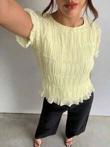 Blusa de mujer elegante de chifón y encaje con parches en color albaricoque - amarillo ganso - Ver 3