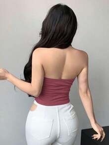 Designer Camiseta de tirantes ajustada de unicolor con cuello halter para mujer, top de verano para salir - Rojo violeta - Ver 4