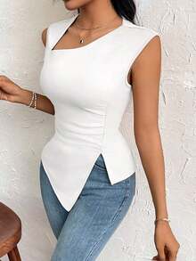 Camiseta de corte ajustado con mangas de obispo de unicolor elegante y simple para uso diario, vacaciones, fiestas y exteriores para mujeres - Blanco - Ver 4