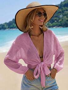 Swim Vcay Kimono corto de manga larga de unicolor y uso diario minimalista para mujer - Rosa - Ver 5