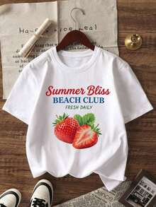 Mångsidig. 1pack. 100 % bomull. Dam Y2K estetisk överdimensionerad nedsänkt t-shirt, Summer Bliss Beach Club jordgubbsbokstävertryck kortärmad t-shirt, 90-tals retro akvarell fruktgrafik streetwear, avslappnad lös passform semestertopp, trendig Y2K Core-outfit, sommar casual utetoppar, perfekt för vardagsbruk, tillbaka till skolan, dejt, strandsemester, kustresa, resor, musikfestival, rave, fest, gatustil, klubb, het tjej sommaressensiell, plus size-vänlig casual t-shirt, dammodekläder. Moda Corte - Vitt - Visa 6
