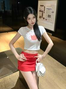 Dopamine Graphic Print Cropped Apple Short Sleeve T-Shirt, Fitted Midriff-Baring Top For Summer White - White - View 7