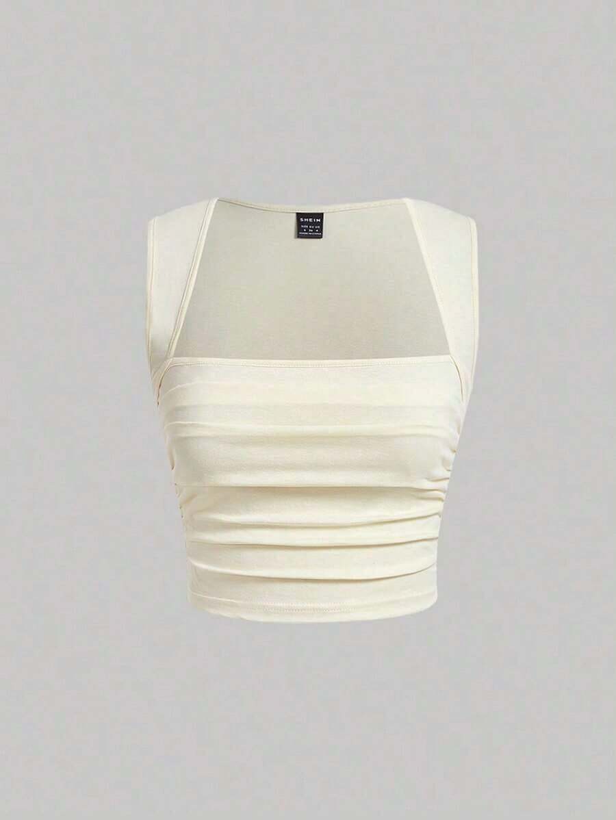 Conjunto de 4 piezas de top de tirantes ajustado y fruncido de cuello cuadrado de varios colores para mujer.Top corto sin mangas en negro, burdeos, marrón y blanco.Elegante y romántico para vacaciones, fiestas, ceremonias, playa, salidas casua - Beis - Ver 1