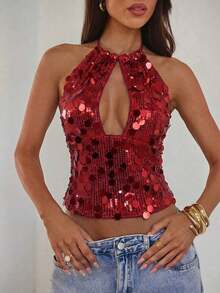 Nuevo camisol de tirantes finos con espalda descubierta y lentejuelas rosas para mujer, elegante y sexy, ideal para el Día de San Valentín, fiestas y viajes - Burdeos - Ver 4