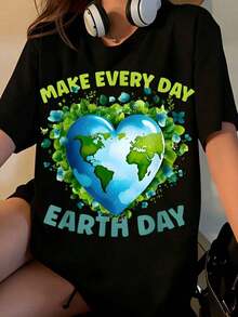 1 Piece T-Shirt With Heart Design "Make Every Day Earth Day" For Earth Day,  Awareness Gift For Women, Men, Unisex, Casual Wear, 180g, 100% Cotton. - 黑色 - 查看 12