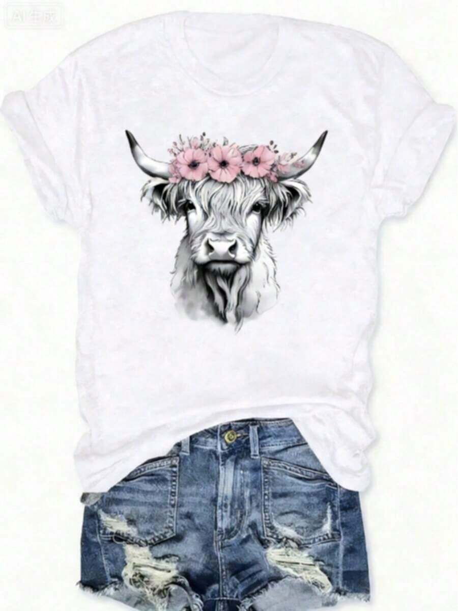 Camiseta de Mujer con Estampado de Vaca Highland Rosa - Diseño de Corona Floral, Cuello Redondo Casual, Manga Corta, Semitransparente, Cómoda para las Cuatro Estaciones, Lavable a Máquina, Estampado Artístico, Ropa Cómoda de Elasticidad Media - Blanco - Ver 1