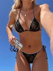 Conjunto de bikini de 2 piezas para mujer de verano con tela jacquard de unicolor, volantes en el borde y tirantes ajustables - Negro - Ver 7