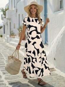 Vestido casual de mujer con estampado todo sobre, adecuado para vacaciones - Albaricoque - Ver 7