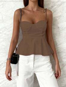 1 pieza Blusa casual sin mangas con volantes en el bajo, Elegante top tubo minimalista francés de color blanco puro, Camiseta sin mangas ajustada para vacaciones y viajes, Ligera camiseta con lazo delantero, Ropa exterior sexy tipo babydoll que acentúa las curvas, Primavera/Verano/Otoño - Marrón - Ver 3