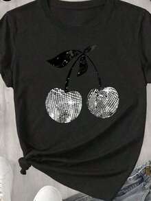 Women's Black Cat Print T-Shirt For Everyday And Weekend Wear, Y2K, HarAJsuku, Short Sleeves, Fun Fashion, Round Neck, Regular Fit, Loose And Comfortable - 2 - 查看 6