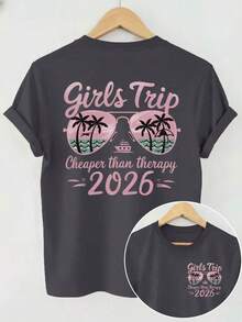 Girls' Travel T-Shirt With Front And Back Graphics 2026, Beach Vacation Style With Palm Trees And Sunglasses, Suitable For Summer Vacation, Women's Solid Color Short Sleeve Casual Top, Round Neck Design, Double-Sided Graphics In Black. - 深灰色 - 查看 1