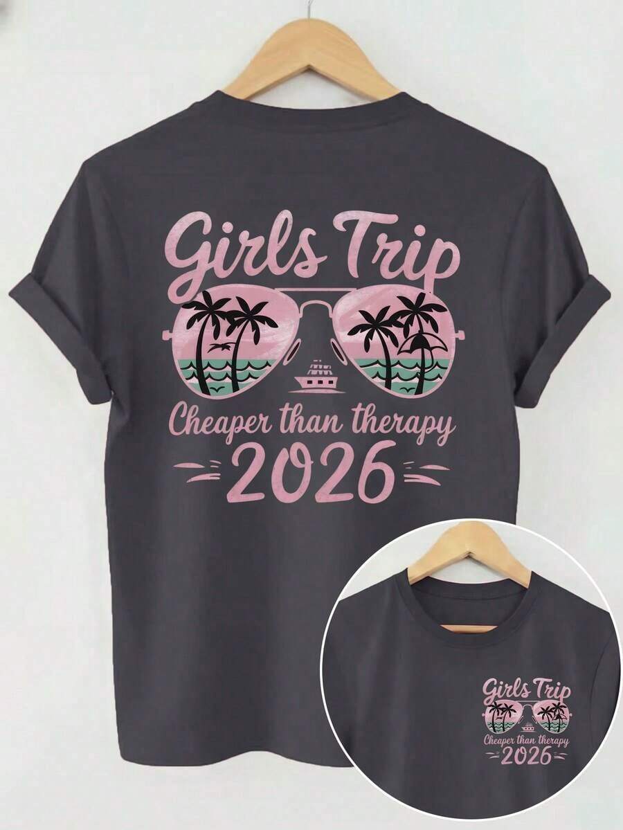 Girls' Travel T-Shirt With Front And Back Graphics 2026, Beach Vacation Style With Palm Trees And Sunglasses, Suitable For Summer Vacation, Women's Solid Color Short Sleeve Casual Top, Round Neck Design, Double-Sided Graphics In Black. - 深灰色 - 查看 1