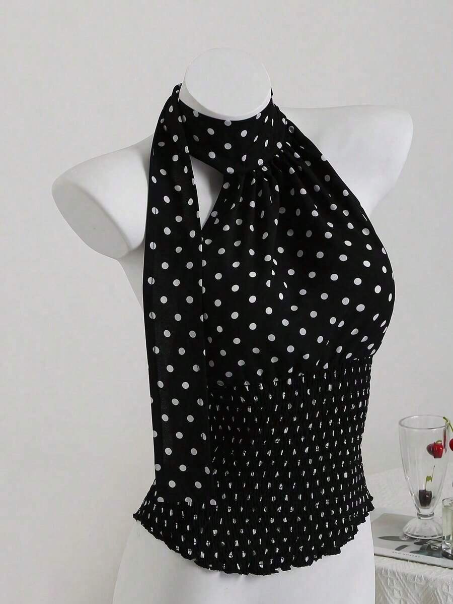 Blusa con cuello de halter, espalda descubierta, cintura ceñida y bajo asimétrico con lunares en blanco y negro.Elegante para ir al trabajo, vacaciones, playa, casual, citas.Versátil para mujeres en verano - Negro - Ver 1