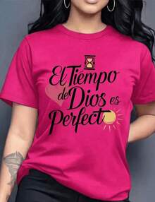 Women's Graphic T-Shirt, Short Sleeve, Round Neck, Basic, Comfortable, Cool, Lightweight, Modern, Youthful, Casual Print With Religious Phrase "God's Timing Is Perfect" Christian Lettering And Heart - 紫紅色 - 查看 4