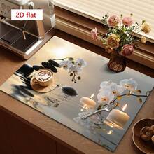 1pc White Orchid & Black Pebble Reflection Absorbent Pad, Creates Ambiance, Suitable For Dining Table And Cafe, Multi-Purpose Drainage Mat, Home Gift, Desktop Decor - XYLSD-374 - View 2