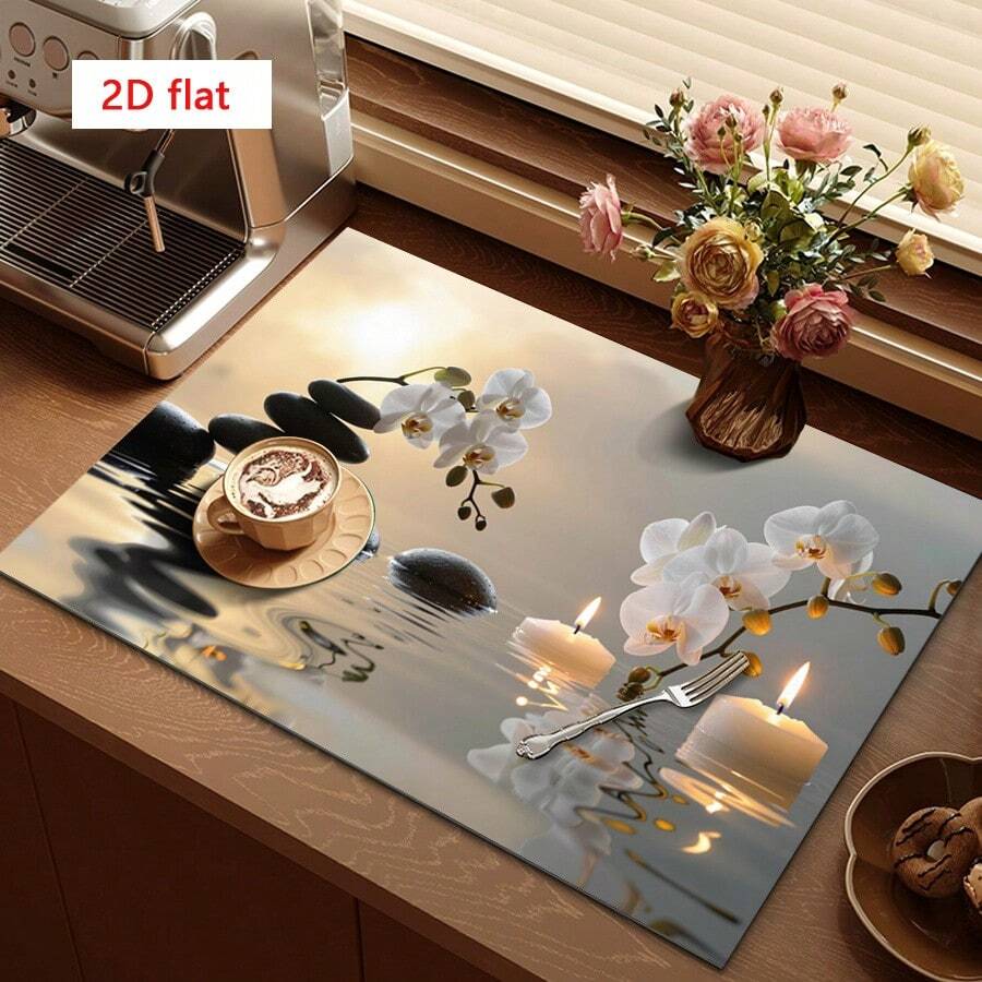 1pc White Orchid & Black Pebble Reflection Absorbent Pad, Creates Ambiance, Suitable For Dining Table And Cafe, Multi-Purpose Drainage Mat, Home Gift, Desktop Decor