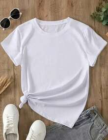 100% Cotton Solid Color Crew Neck T-Shirt, Casual Short Sleeve T-Shirt For Spring And Summer, Women's Clothing - 白色 - 查看 6