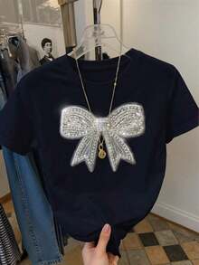 1 pieza Camiseta de cuello redondo de manga corta con adorno de rhinestones minimalista y de moda para mujer, un gran regalo para amigos - Azul marino - Ver 3
