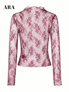 Blusa negra sexy de manga larga con encaje elástico para mujer , con cuello alto, patrón floral transparente, elegante y con capas, ideal para primavera-verano, resort y citas - Burdeos - Ver 8