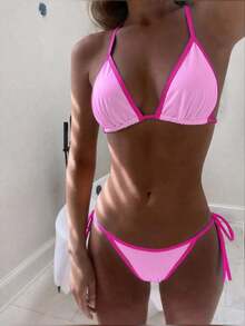 Conjunto de bikini sexy de cuello halter y lazo para mujer en bloque de color para vacaciones, playa de verano - Rosa - Ver 4