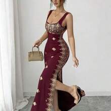 Raffinéa Women's Shiny Gold & Black Summer New Dress, Square Neck Spaghetti Strap Backless Slit Hem Fitted High Waist Dress, Suitable For Party, Wedding, Business Banquet, Daily Occasions, Gala, Wedding Party, Holiday Attire - Burdeos - Ver 1