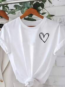 Women's Size T-Shirt With Minimalist Heart Print, Casual Round Neck Short Sleeve Top, Comfortable And Breathable For Everyday Wear, Casual Sports T-Shirt With Minimalist Heart Print - 白色 - 查看 2