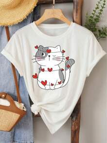 1pc Camiseta de Mujer Talla Grande con Estampado de Gato en Forma de Corazón: Estilo Suave, Tierno y Encantador, Moda Casual con Vibra Vintage, Perfecta para Ocio y Deporte en Primavera. Cuello Redondo, Manga Corta, Disponible en Tallas 1XL a 5XL - Blanco - Ver 4