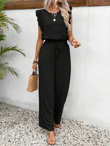Conjunto de 2 piezas de blusa con ribete de encaje de unicolor y pantalones de pierna ancha para mujer, casual para vacaciones y viajes, primavera/verano - Negro - Ver 1