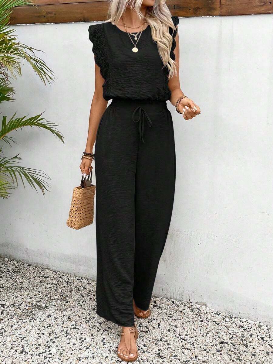 Conjunto de 2 piezas de blusa con ribete de encaje de unicolor y pantalones de pierna ancha para mujer, casual para vacaciones y viajes, primavera/verano - Negro - Ver 1