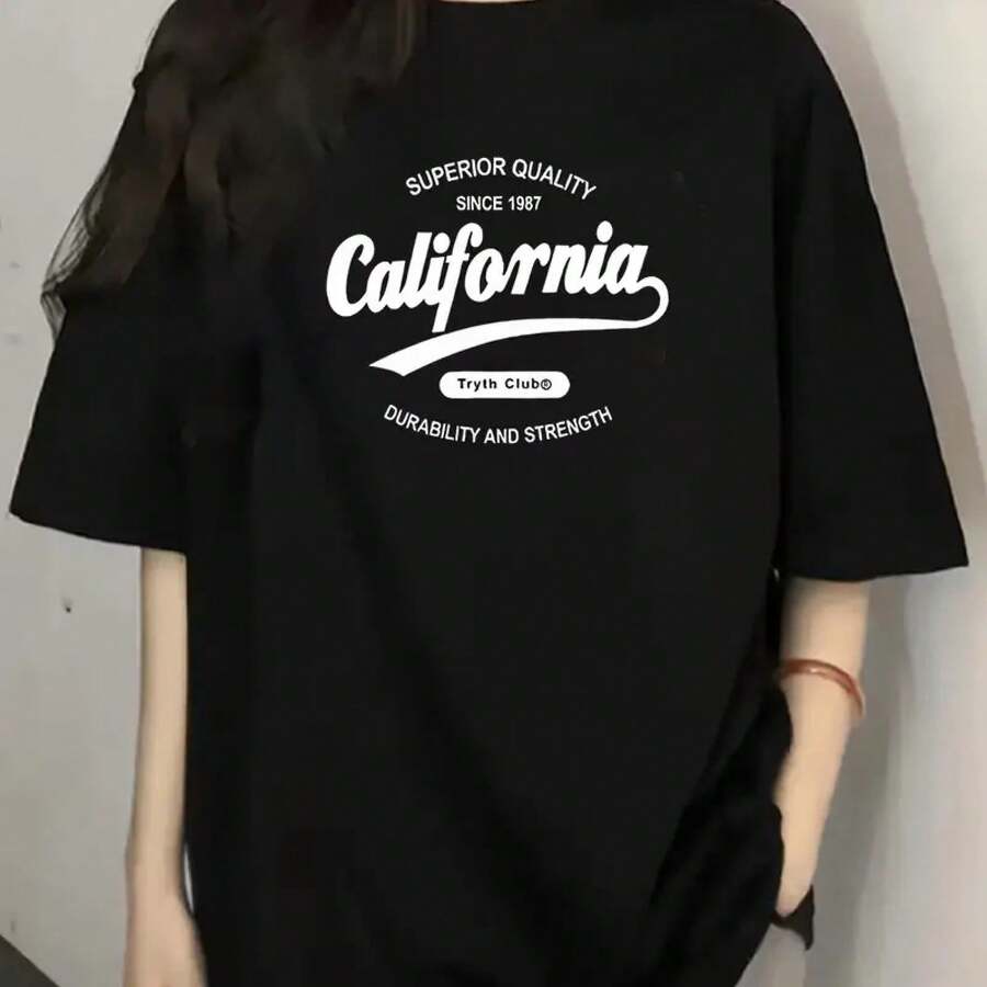 Women's Y2K-Inspired 'California' Graphic Crop Top - Slim Fit, Short Sleeves, Stretch Polyester Blend, White With Blue Lettering, Ideal For Summer And Casual Wear, Summer Tee. - black5 - 查看 1
