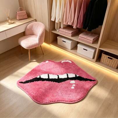 1pc Pink Lip-Shaped Romantic Carpet, Dopamine Aesthetics In The Bedroom, Fluffy Soft Faux Lambswool Material, Sweet & Cool, Healing Princess Style, Sweet Girl Style, Suitable For Princess Room, Vanity, Closet, Dressing Room, Bedside Rug, Reading Area, Influencer Photo Backdrop, Irregular Size With 1-5cm Cutting Tolerance, Decorative Carpet, Bathroom Decor
