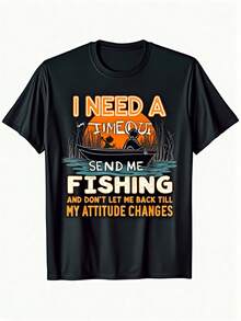 Camiseta con Frase Divertida sobre la Pesca - Diseño "Necesito un Descanso de Pesca", Estampado con Vista desde la Embarcación, Camiseta Negra con Letras Naranjas - Cuello Redondo, Sin Elasticidad, Prenda Casual, Apta para Niños y Niñas, Regalo Perfecto para Entusiastas de la Pesca, Ropa de Verano Lavable a Máquina, Prenda con Humor, Tela Transpirable, Atuendo Casual para Exteriores, Material Duradero - Negro - Ver 1