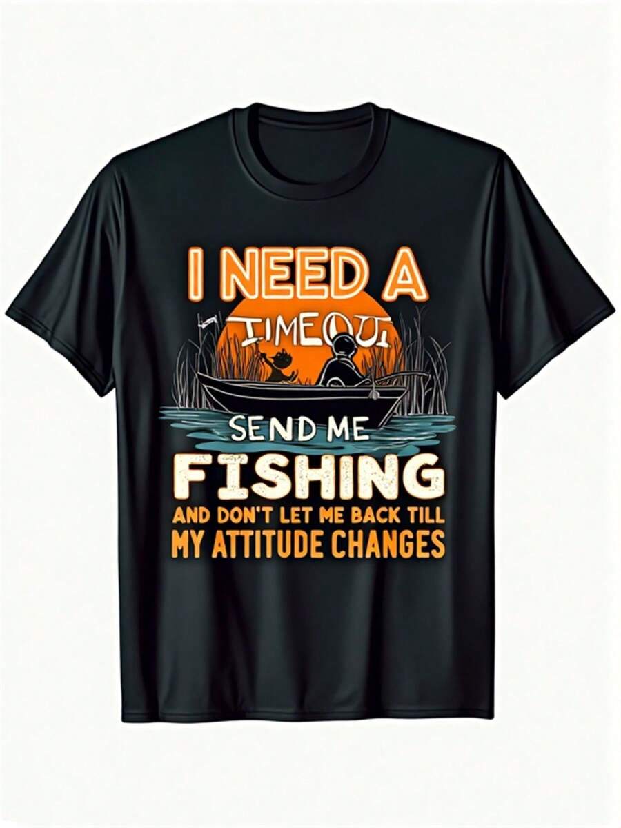 Camiseta con Frase Divertida sobre la Pesca - Diseño "Necesito un Descanso de Pesca", Estampado con Vista desde la Embarcación, Camiseta Negra con Letras Naranjas - Cuello Redondo, Sin Elasticidad, Prenda Casual, Apta para Niños y Niñas, Regalo Perfecto para Entusiastas de la Pesca, Ropa de Verano Lavable a Máquina, Prenda con Humor, Tela Transpirable, Atuendo Casual para Exteriores, Material Duradero - Negro - Ver 1
