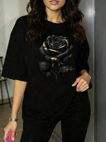 ¡Novedad! Blusa de manga corta para mujer, diseño liso, ideal para estar en casa o para uso casual. Oferta por tiempo limitado. Preciosa blusa, cómoda y de largo regular. Lavable a máquina. - Negro - Ver 2