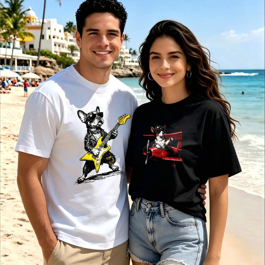 2-Piece Couple Matching Pattern T-Shirt, 100% Cotton, Loose Fit, Soft And Breathable, Casual Round Neck Short Sleeved Top Mona Lisa With Bubble Gum Venus De Milo With Sunglasses Versatile Patterns No Picky Combinations Coordinated Dating Casual Travel Simple And Cartoonish Printing Styles High - 白色 - 查看 1
