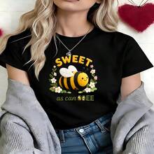 Sweet Bee Graphic T-Shirt, 100% Cotton Oversized Soft Breathable Casual Crewneck Short Sleeve Top, Kawaii Summer Vibes Tee For Women & Nature Lovers - 黑色 - 查看 5