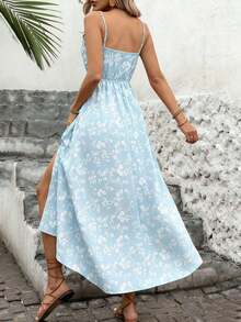 Vestido de verano ligero con estampado, tirantes de espagueti, parche en la cintura, encaje calado y abertura lateral elegante para fiesta y vacaciones - Multicolor 2 - Ver 2