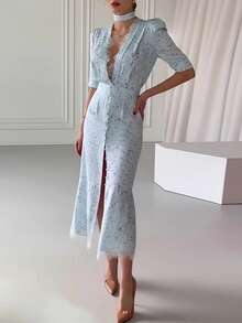 Vestido elegante cuello V con estampado y combinación de encaje nueva primavera estilo moda europea para mujer - Azul - Ver 9