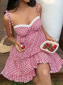 Vestido de mujer retro francés de cuadros rojos con tirantes finos, nuevo diseño de primavera temprana con encaje, versátil, dulce y elegante con capas - Burdeos - Ver 3