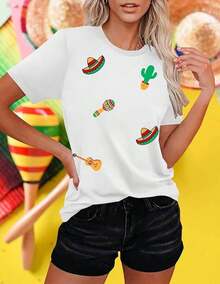 Cinco De Mayo T-Shirt For Women: Let's Fiesta Shirts Funny Mexican Party Tee Sombrero 5 De Mayo Graphic Tops - Ideal For Summer - 234-白帽子2 - 查看 2