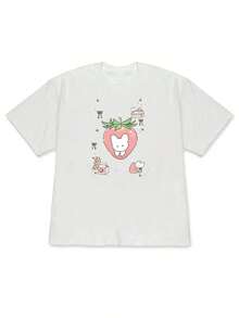 Camiseta de diseño estampado casual 100% algodón para mujer, estilo de gran  2026, camiseta de manga corta con hombros caídos y estampado de conejo con fresas, estilo coreano de chica suave, top diario para estudiantes, adecuada para primavera, verano y otoño. - Blanco - Ver 7