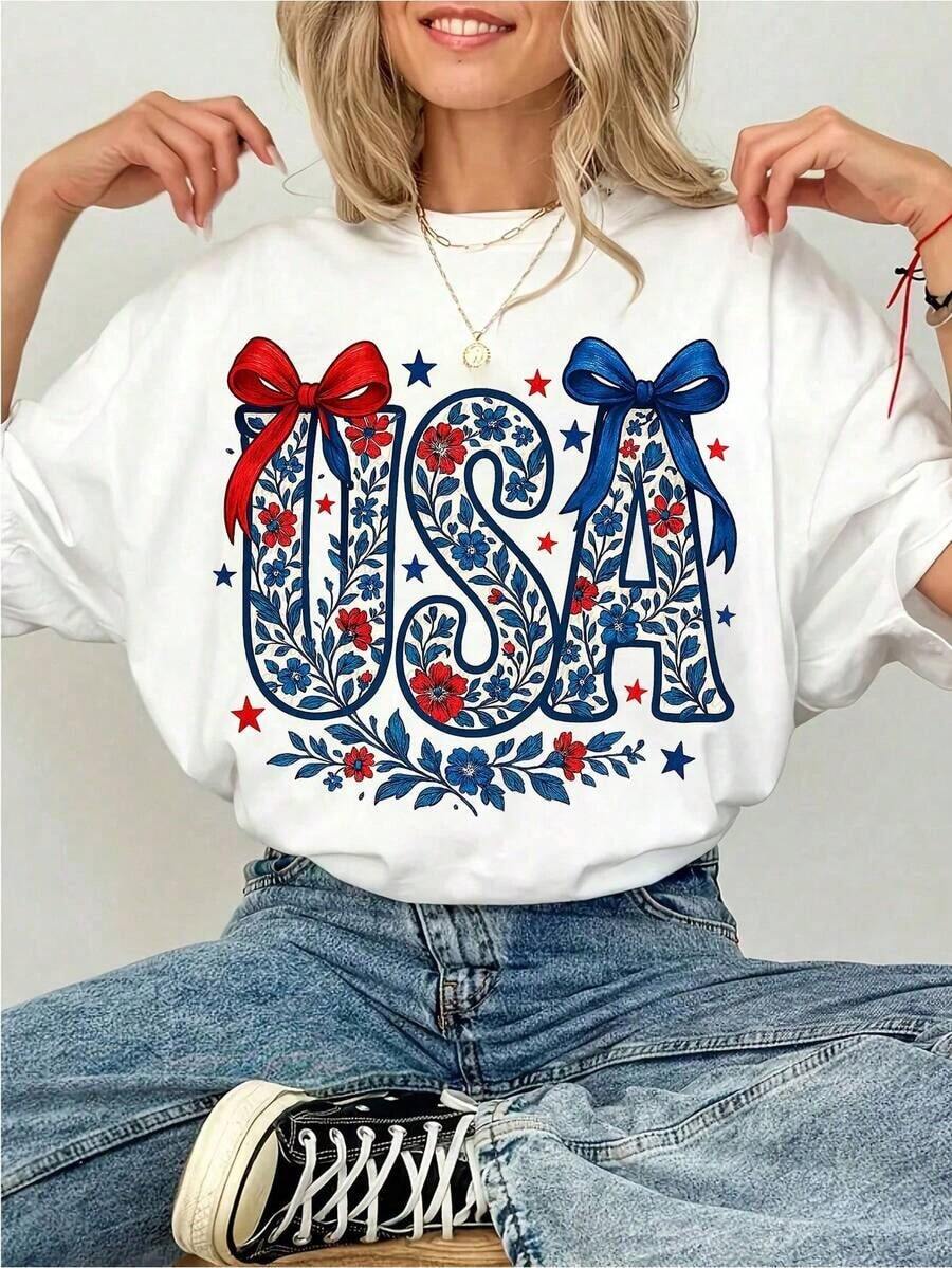 Camiseta Casual USA con Estampado Floral y Lazo para Mujer, 100% Algodón, Estilo Patriótico Coqueta, Ropa de Verano Suave y Transpirable, Estilo Y2K para el 4 de Julio, Ropa Casual Urbana, Regalo Único para Ella, 100% Algodón, Duradera - Blanco - Ver 1