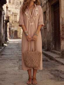 Vestido largo de mujer de cuello en V sólido rosa con estampado bordado, vestido midi elegante de corte holgado con estampado bordado, bajo con abertura lateral, adecuado para la playa, uso casual, ir al trabajo, uso diario, nueva llegada de verano - Rosa - Ver 4