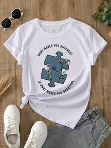 Camiseta Casual de Manga Corta para Mujer, para Vacaciones de Verano -- Camiseta 'Ser Diferente es Hermoso' -- Camiseta con Temática de Concientización sobre el Autismo - Blanco - Ver 12